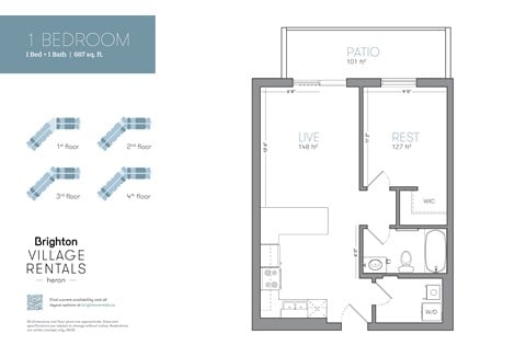 Floor plan for 1 bed, 1 bath, 667 sqft